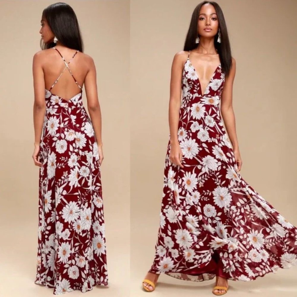 Lulus Magic Blooms Burgundy Floral Print Backless Maxi Dress Size XS